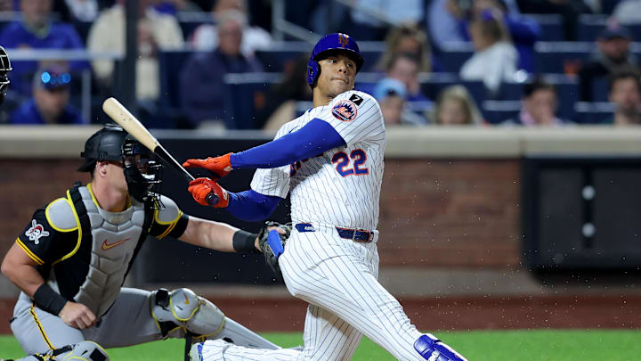 May 12, 2025; New York City, New York, USA; New York Mets right fielder Juan Soto (22) follows through on an RBI groundout during the seventh inning against the Pittsburgh Pirates at Citi Field. Mandatory Credit: Brad Penner-Imagn Images May 12, 2025; New York City, New York, USA; New York Mets right fielder Juan Soto (22) follows through on an RBI groundout during the seventh inning against the Pittsburgh Pirates at Citi Field. Mandatory Credit: Brad Penner-Imagn Images