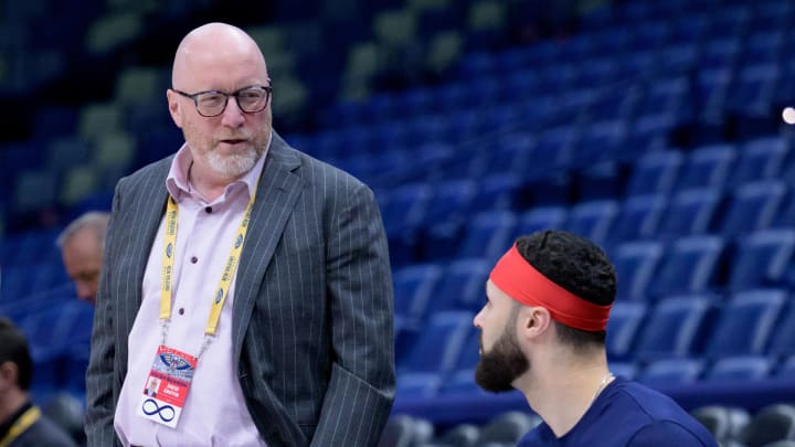 Dec 28, 2023; New Orleans, Louisiana, USA; New Orleans Pelicans executive vice president of basketball operations David Griffin, left, talks to New Orleans Pelicans forward Larry Nance Jr. before a game against the Utah Jazz at the Smoothie King Center. Mandatory Credit: Matthew Hinton-USA TODAY Sports Dec 28, 2023; New Orleans, Louisiana, USA; New Orleans Pelicans executive vice president of basketball operations David Griffin, left, talks to New Orleans Pelicans forward Larry Nance Jr. before a game against the Utah Jazz at the Smoothie King Center. Mandatory Credit: Matthew Hinton-USA TODAY Sports