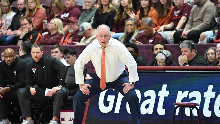 Jan 7, 2026; Blacksburg, Virginia, USA;  Virginia Tech Hokies head coach Mike Young watches during the second half at Cassell Coliseum. Mandatory Credit: Brian Bishop-Imagn Images