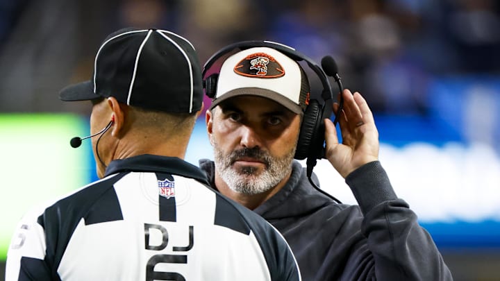 Aug 24, 2024; Seattle, Washington, USA; Cleveland Browns head coach Kevin Stefanski reacts to a penalty call in favor of the Seattle Seahawks during the second quarter at Lumen Field. Mandatory Credit: Joe Nicholson-Imagn Images