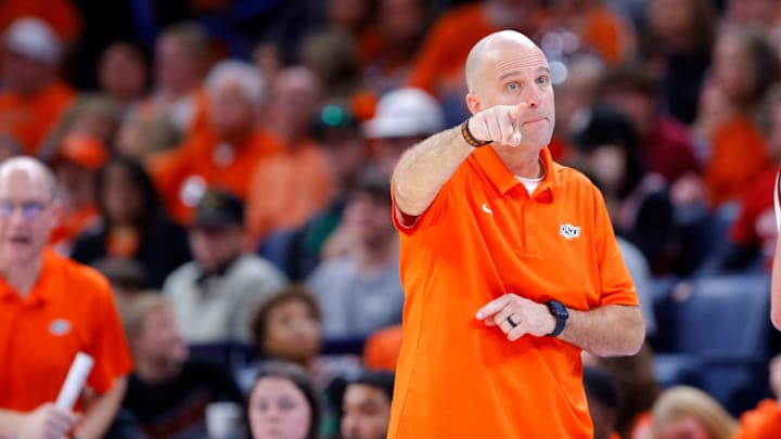 Oklahoma State coach Steve Lutz points during a men's college Bedlam basketball game between the University of Oklahoma Sooners (OU) and the Oklahoma State University Cowboys (OSU) at Paycom Center in Oklahoma City, Saturday, Dec. 14, 2024. Oklahoma won 80-65.
