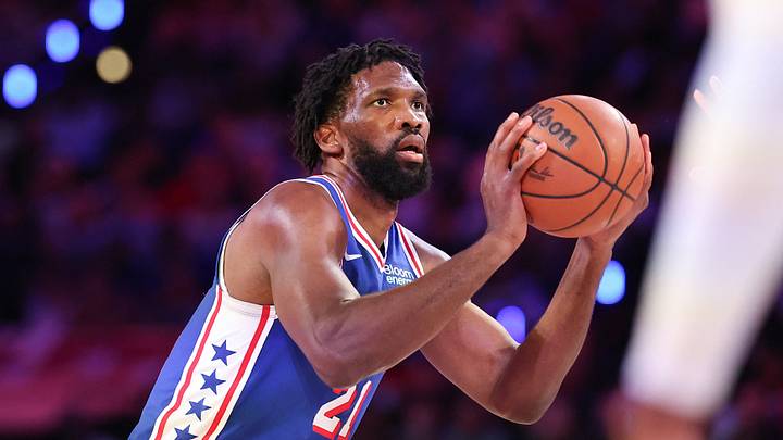 Philadelphia 76ers center Joel Embiid (21) shoots against the Cleveland Cavaliers during the first quarter at Xfinity Mobile Arena on Oct. 22, 2026.