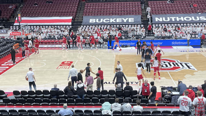 Indiana men's basketball players workout at Value City Arena in Columbus, Ohio prior to the Indiana-Ohio State game on Jan. 17, 2025.