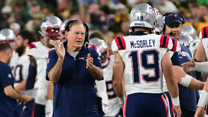 Aug 19, 2023; Green Bay, Wisconsin, USA;  New England Patriots head coach Bill Bilicheck reacts