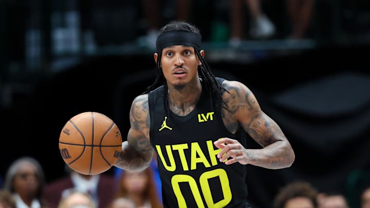 Oct 10, 2024; Dallas, Texas, USA; Utah Jazz guard Jordan Clarkson (00) controls the ball during the second half against the Dallas Mavericks at American Airlines Center. Mandatory Credit: Kevin Jairaj-Imagn Images