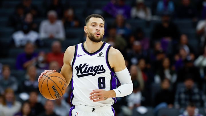 Oct 15, 2025; Sacramento, California, USA; Sacramento Kings guard Zach LaVine (8) dribbles the ball up the court during the first quarter against the Los Angeles Clippers at Golden 1 Center. Mandatory Credit: Sergio Estrada-Imagn Images