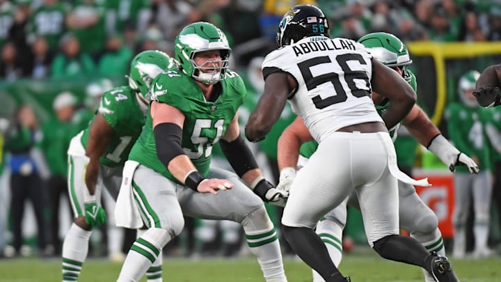 Nov 3, 2024; Philadelphia, Pennsylvania, USA; Philadelphia Eagles center Cam Jurgens (51) blocks Jacksonville Jaguars linebacker Yasir Abdullah (56) at Lincoln Financial Field. Mandatory Credit: Eric Hartline-Imagn Images Nov 3, 2024; Philadelphia, Pennsylvania, USA; Philadelphia Eagles center Cam Jurgens (51) blocks Jacksonville Jaguars linebacker Yasir Abdullah (56) at Lincoln Financial Field. Mandatory Credit: Eric Hartline-Imagn Images