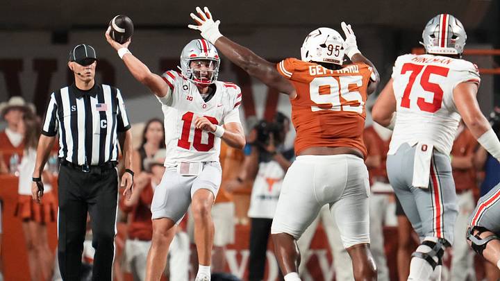 Texas Longhorns defensive lineman Ian Geffrard (95) pressures Ohio State Buckeyes quarterback Julian Sayin (10) during the NCAA football game at Darrell K Royal–Texas Memorial Stadium in Austin, Texas on Sept. 12, 2026. Texas won 24-23.