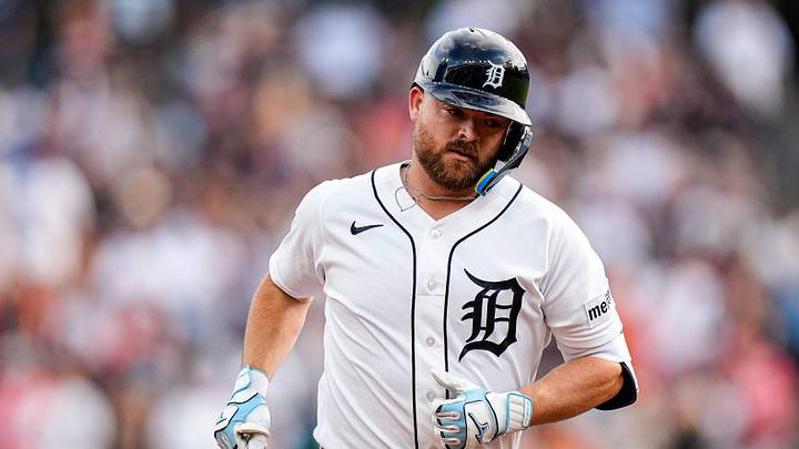 Detroit Tigers catcher Jake Rogers (34) runs past third base after batting a two run home run against the Athletics during the second inning at Comerica Park in Detroit on Wednesday, July 8, 2026. Detroit Tigers catcher Jake Rogers (34) runs past third base after batting a two run home run against the Athletics during the second inning at Comerica Park in Detroit on Wednesday, July 8, 2026.