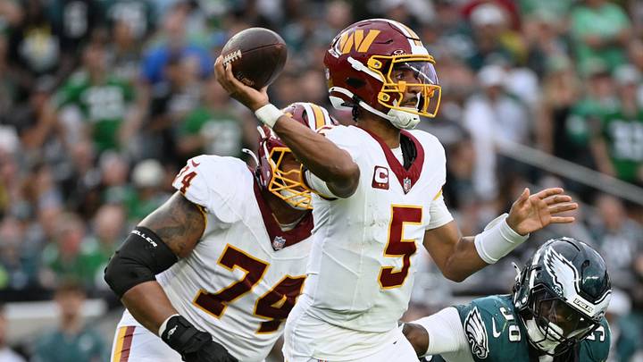 Sep 13, 2026; Philadelphia, Pennsylvania, USA; Washington Commanders quarterback Jayden Daniels (5) throws a pass against the Philadelphia Eagles during the second half at Lincoln Financial Field. Mandatory Credit: Eric Hartline-Imagn Images Sep 13, 2026; Philadelphia, Pennsylvania, USA; Washington Commanders quarterback Jayden Daniels (5) throws a pass against the Philadelphia Eagles during the second half at Lincoln Financial Field. Mandatory Credit: Eric Hartline-Imagn Images