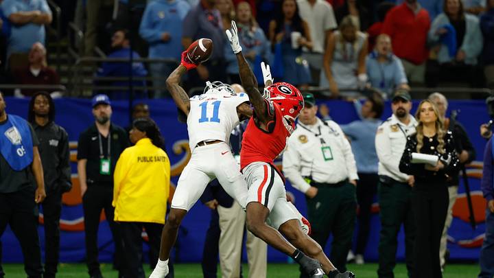Jan 1, 2026; New Orleans, LA, USA; Mississippi Rebels wide receiver Deuce Alexander (11) attempts a catch defended by Georgia Bulldogs defensive back Ellis Robinson IV (1) in the first quarter during the 2025 Sugar Bowl and quarterfinal game of the College Football Playoff at Caesars Superdome. Mandatory Credit: Geoff Burke-Imagn Images Jan 1, 2026; New Orleans, LA, USA; Mississippi Rebels wide receiver Deuce Alexander (11) attempts a catch defended by Georgia Bulldogs defensive back Ellis Robinson IV (1) in the first quarter during the 2025 Sugar Bowl and quarterfinal game of the College Football Playoff at Caesars Superdome. Mandatory Credit: Geoff Burke-Imagn Images