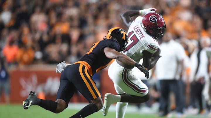 South Carolina wide receiver Xavier Legette (17) is tackled by Tennessee defensive back Wesley