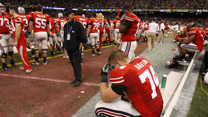 Jan 7, 2008, New Orleans, LA, USA; Ohio State Buckeyes offensive tackle Kirk Barton (74) reacts at the end of the LSU Tigers' 38-24 victory against the Buckeyes in the BCS National Championship game at the Louisiana Superdome. Mandatory Credit: Bob Donnan-Imagn Images