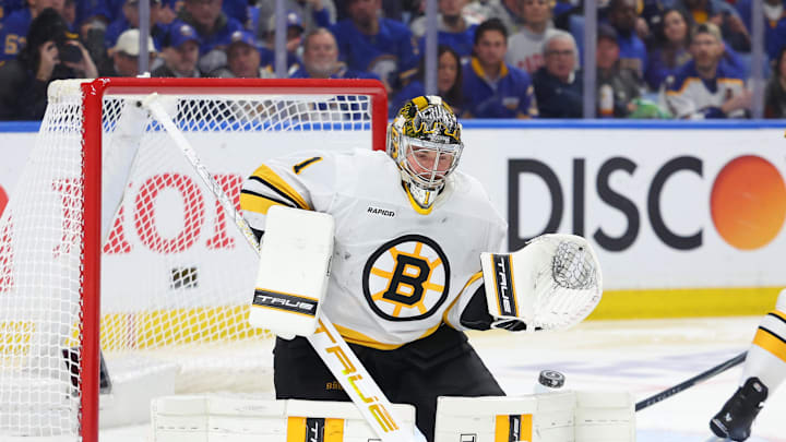 Apr 28, 2026; Buffalo, New York, USA; Boston Bruins goaltender Jeremy Swayman (1) looks to make a save during the second period against the Buffalo Sabres in game five of the first round of the 2026 Stanley Cup Playoffs at KeyBank Center. Mandatory Credit: Timothy T. Ludwig-Imagn Images