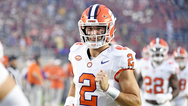 Oct 5, 2024; Tallahassee, Florida, USA; Clemson Tigers quarterback Cade Klubnik (2) before a game against the Florida State Seminoles at Doak S. Campbell Stadium. 