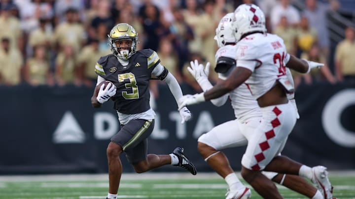 Sep 20, 2025; Atlanta, Georgia, USA; Georgia Tech Yellow Jackets wide receiver Eric Rivers (3) returns a punt against the Temple Owls in the third quarter at Bobby Dodd Stadium at Hyundai Field. Mandatory Credit: Brett Davis-Imagn Images
