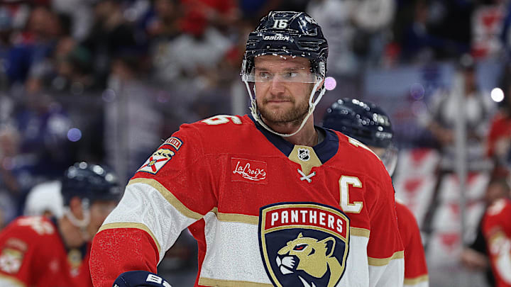 May 11, 2025; Sunrise, Florida, USA; Florida Panthers center Aleksander Barkov (16) warms up against the Toronto Maple Leafs before game four of the second round of the 2025 Stanley Cup Playoffs at Amerant Bank Arena. Mandatory Credit: Kim Klement Neitzel-Imagn Images