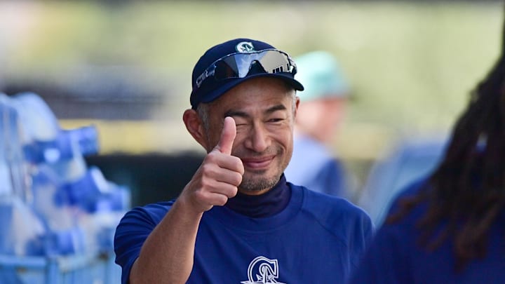 Former Seattle Mariners player Ichiro Suzuki reacts during a Spring Training workout at Peoria Sports Complex on Feb. 15.
