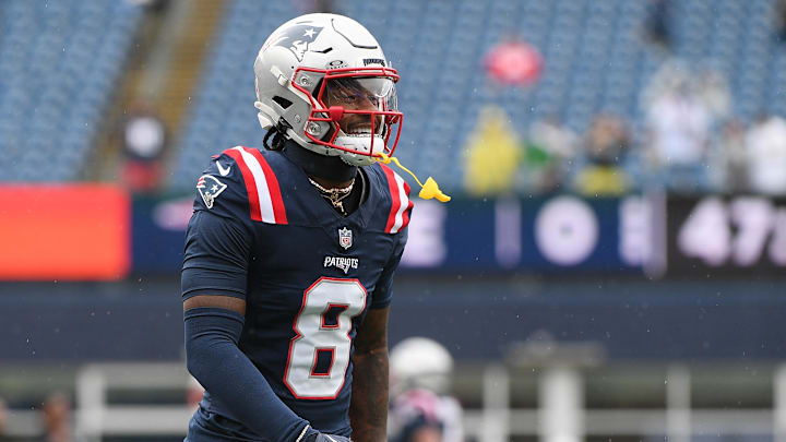 Sep 7, 2025; Foxborough, Massachusetts, USA; New England Patriots wide receiver Stefon Diggs (8) practices before the game against the Las Vegas Raiders at Gillette Stadium. Mandatory Credit: Bob DeChiara-Imagn Images