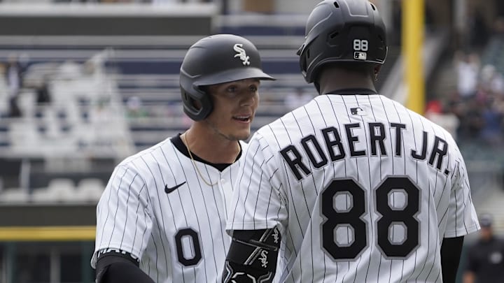 Chicago White Sox designated hitter Nick Maton (0) celebrates with outfielder Luis Robert Jr. (88) after hitting a home run against the Los Angeles Angels at Rate Field. Chicago White Sox designated hitter Nick Maton (0) celebrates with outfielder Luis Robert Jr. (88) after hitting a home run against the Los Angeles Angels at Rate Field.