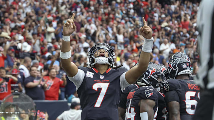Sep 29, 2024; Houston, Texas, USA; Houston Texans quarterback C.J. Stroud (7) celebrates after a Texans touchdown during the fourth quarter against the Jacksonville Jaguars at NRG Stadium. Mandatory Credit: Troy Taormina-Imagn Images