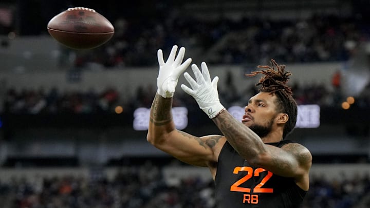 Mar 1, 2025; Indianapolis, IN, USA; Miami running back Damien Martinez (RB22) during the 2025 NFL Combine at Lucas Oil Stadium. Mandatory Credit: Kirby Lee-Imagn Images