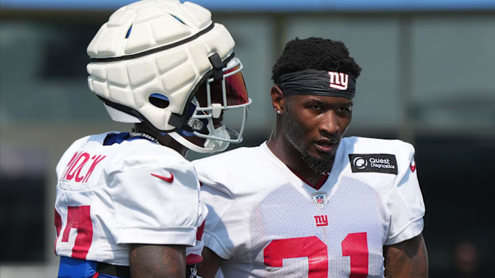 East Rutherford, NJ -- August 1, 2024 -- Safety, Jason Pinnock and safety, Tyler Nubin practicing today at training camp for the New York Giants.
