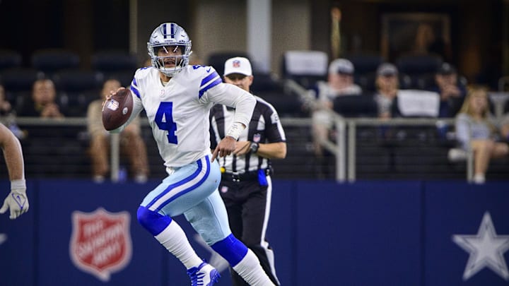 Nov 25, 2021; Arlington, Texas, USA; Dallas Cowboys quarterback Dak Prescott (4) in action