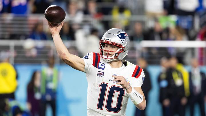 Feb 8, 2026; Santa Clara, CA, USA; New England Patriots quarterback Drake Maye (10) against the Seattle Seahawks during Super Bowl LX at Levi's Stadium. Mandatory Credit: Mark J. Rebilas-Imagn Images