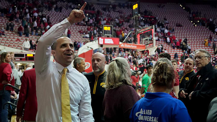 Jan 17, 2026; Bloomington, Indiana, USA; Iowa Hawkeyes head coach Ben McCollum celebrates after the game against the Indiana Hoosiers at Simon Skjodt Assembly Hall. Mandatory Credit: Robert Goddin-Imagn Images