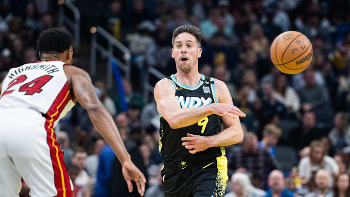 Apr 7, 2024; Indianapolis, Indiana, USA;  Indiana Pacers guard T.J. McConnell (9) passes the ball