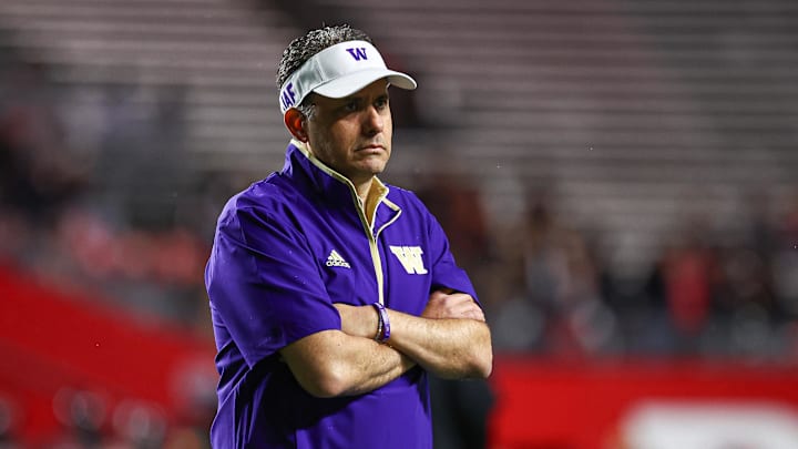 Sep 27, 2024; Piscataway, New Jersey, USA; Washington Huskies head coach Jedd Fisch looks on before the game against the Rutgers Scarlet Knights at SHI Stadium. Mandatory Credit: Vincent Carchietta-Imagn Images