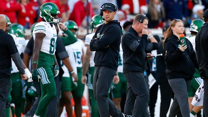 Oxford, MS, USA; Tulane Green Wave head coach Jon Sumrall looks on during the first quarter against the Mississippi Rebels at Vaught-Hemingway Stadium.