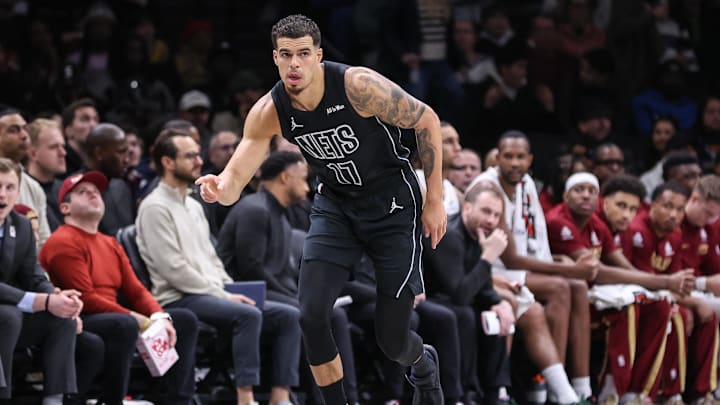 Mar 1, 2026; Brooklyn, New York, USA; Brooklyn Nets forward Michael Porter Jr. (17) gestures after making a three point shot in the first quarter against the Cleveland Cavaliers at Barclays Center. Mandatory Credit: Wendell Cruz-Imagn Images