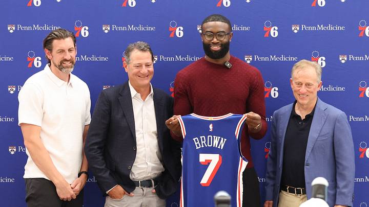 Aug 6, 2026; Camden, NJ, USA; From left to right Philadelphia 76ers general manager Mike Gansey and co managing partner David Blitzer and guard Jaylen Brown and managing partner Josh Harris pose for a photo during his introductory press conference at the Francis J. Myers Recreation Center. Mandatory Credit: Bill Streicher-Imagn Images Aug 6, 2026; Camden, NJ, USA; From left to right Philadelphia 76ers general manager Mike Gansey and co managing partner David Blitzer and guard Jaylen Brown and managing partner Josh Harris pose for a photo during his introductory press conference at the Francis J. Myers Recreation Center. Mandatory Credit: Bill Streicher-Imagn Images