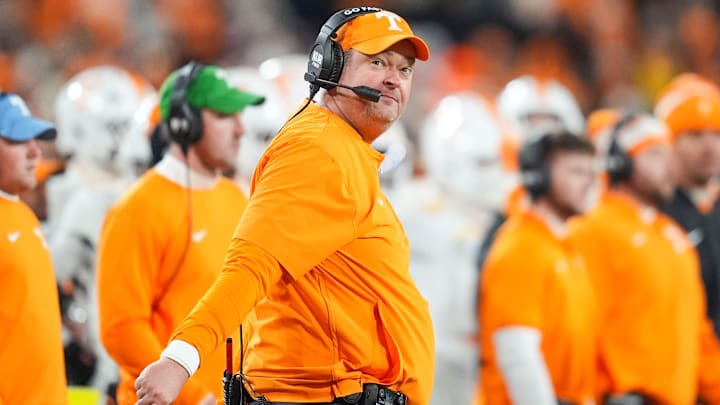 Tennessee coach Josh Heupel makes a face after Tennessee is called offsides during the 2025 Music City Bowl at Nissan Stadium in Nashville, Tenn., on Dec. 30, 2025.