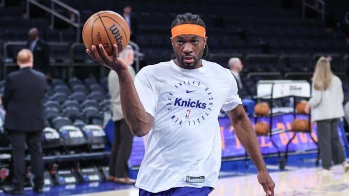 Mar 25, 2025; New York, New York, USA;  New York Knicks forward Precious Achiuwa (5) warms up prior to the game against the Dallas Mavericks at Madison Square Garden. Mandatory Credit: Wendell Cruz-Imagn Images