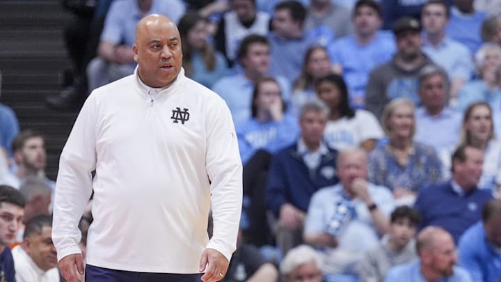 Mar 5, 2024; Chapel Hill, North Carolina, USA; Notre Dame Fighting Irish head coach Micah Shrewsberry during the first half against the North Carolina Tar Heels at Dean E. Smith Center. Mandatory Credit: Jim Dedmon-Imagn Images