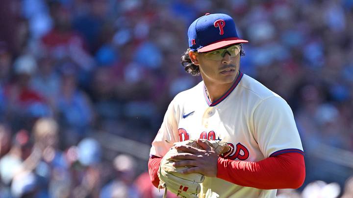 Sep 7, 2026; Philadelphia, Pennsylvania, USA; Philadelphia Phillies pitcher Jesús Luzardo (44) walks off the kind after the sixth inning against the Atlanta Braves at Citizens Bank Park. Mandatory Credit: Eric Hartline-Imagn Images