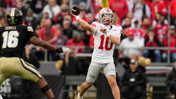Ohio State Buckeyes quarterback Julian Sayin (10) throws during the NCAA football game against the Purdue Boilermakers at Ross-Ade Stadium in West Lafayette, Ind. on Nov. 8, 2025. Ohio State won 34-10.