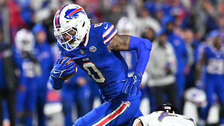 Buffalo Bills wide receiver Keon Coleman (0) runs the ball during the fourth quarter against the Baltimore Ravens at Highmark Stadium.