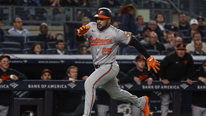 Sep 24, 2024; Bronx, New York, USA; Baltimore Orioles right fielder Anthony Santander (25) scores a run during the fourth inning against the New York Yankees at Yankee Stadium. Sep 24, 2024; Bronx, New York, USA; Baltimore Orioles right fielder Anthony Santander (25) scores a run during the fourth inning against the New York Yankees at Yankee Stadium.