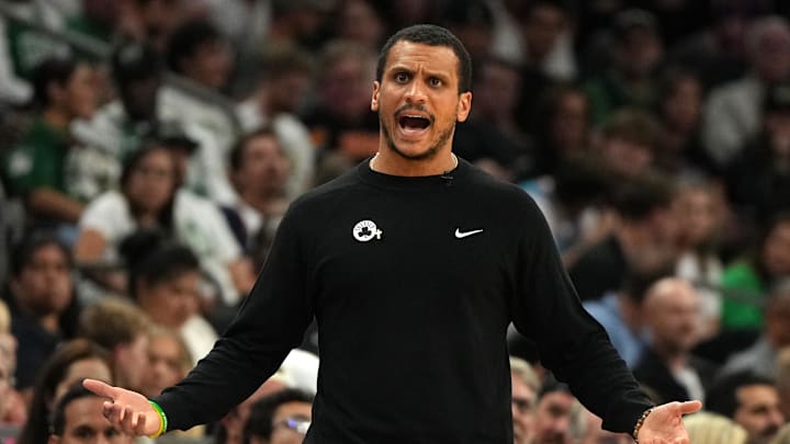 Boston Celtics head coach Joe Mazzulla reacts against the Phoenix Suns during the second half at Footprint Center.