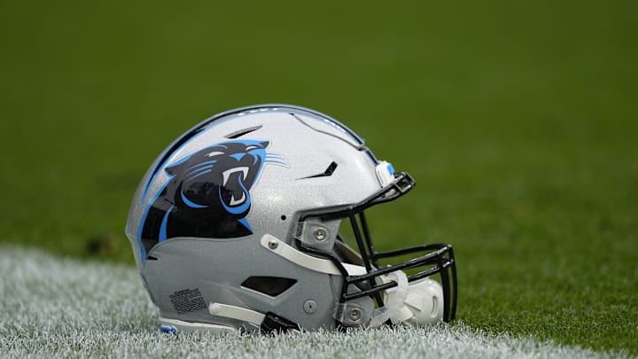Nov 2, 2025; Green Bay, Wisconsin, USA; Carolina Panthers helmet before a game against the Green Bay Packers at Lambeau Field.