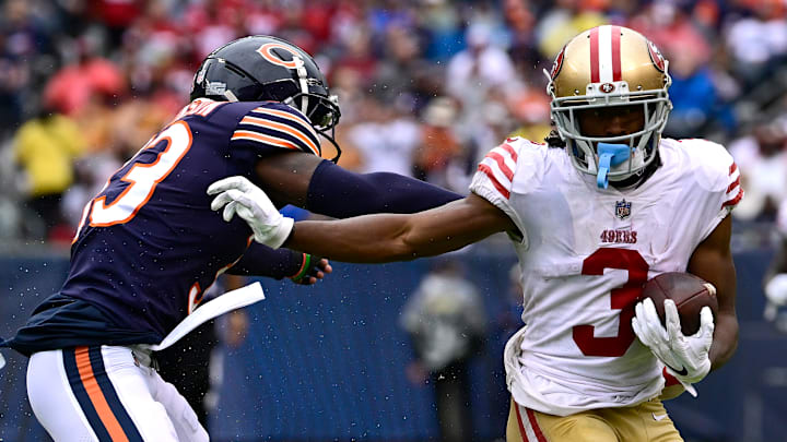 San Francisco 49ers wide receiver Ray-Ray McCloud (R) runs against Chicago Bears cornerback Jaylon Johnson (L)