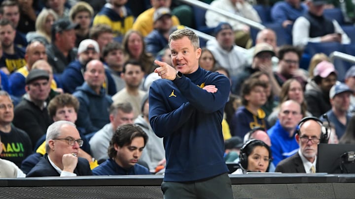 Mar 21, 2026; Buffalo, NY, USA; Michigan Wolverines head coach Dusty May reacts in the second half against the Saint Louis Billikens during a second round game of the men's 2026 NCAA Tournament at Keybank Center. Mandatory Credit: Mark Konezny-Imagn Images