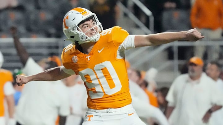 Tennessee place kicker Max Gilbert (90) celebrates after scoring field goal at end of the first half of an NCAA college football game against Mississippi State on Saturday, Nov. 9, 2024, in Knoxville, Tenn.