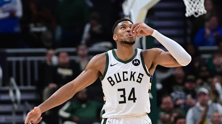 Nov 7, 2024; Milwaukee, Wisconsin, USA;  Milwaukee Bucks forward Giannis Antetokounmpo (34) gestures in the fourth quarter against the Utah Jazz at Fiserv Forum. Mandatory Credit: Benny Sieu-Imagn Images