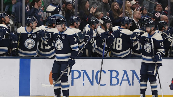 Mar 17, 2026; Columbus, Ohio, USA; Columbus Blue Jackets center Charlie Coyle (3) celebrates his goal against the Carolina Hurricanes during the first period at Nationwide Arena. Mandatory Credit: Russell LaBounty-Imagn Images
