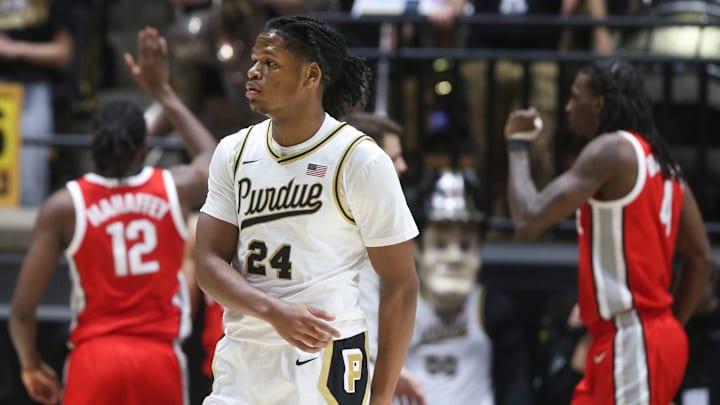 Purdue Boilermakers guard Gicarri Harris (24) reacts as Ohio State Buckeyes celebrates a foul called on Purdue 
